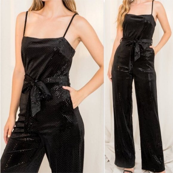 VELVET JUMPSUIT WITH BELTED WAIST - Picture 3 of 4